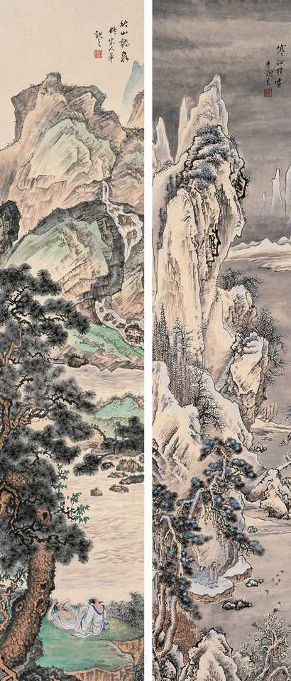 季观之 山水 二屏